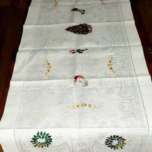 Vintage Embroidered Christmas Table Runner Santa Wreaths Tree Stunning